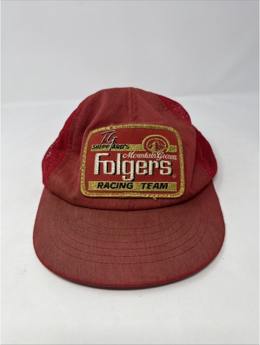 Vintage 90s Folgers Racing Team Patch Trucker Mesh SnapBack Hat Cap USA NASCAR